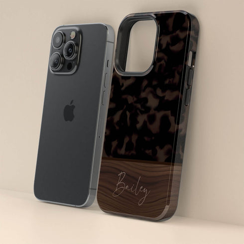Custom Wood Name Dark Tortoiseshell iPhone Case